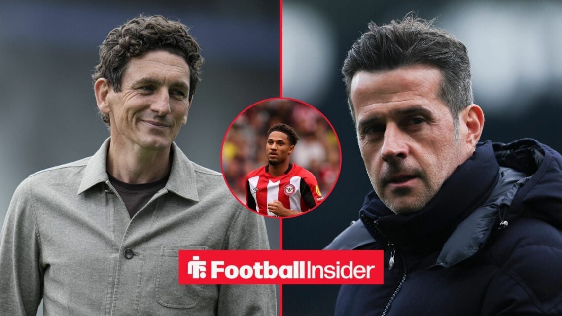 Keith Andrews smiling next to Marco Silva in a black coat and Kevin Schade in inset