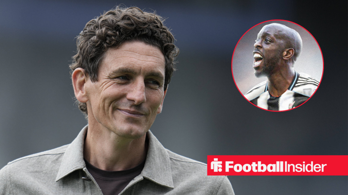 Keith Andrews smirking, Yoane Wissa in a Newcastle United kit in a circular inset