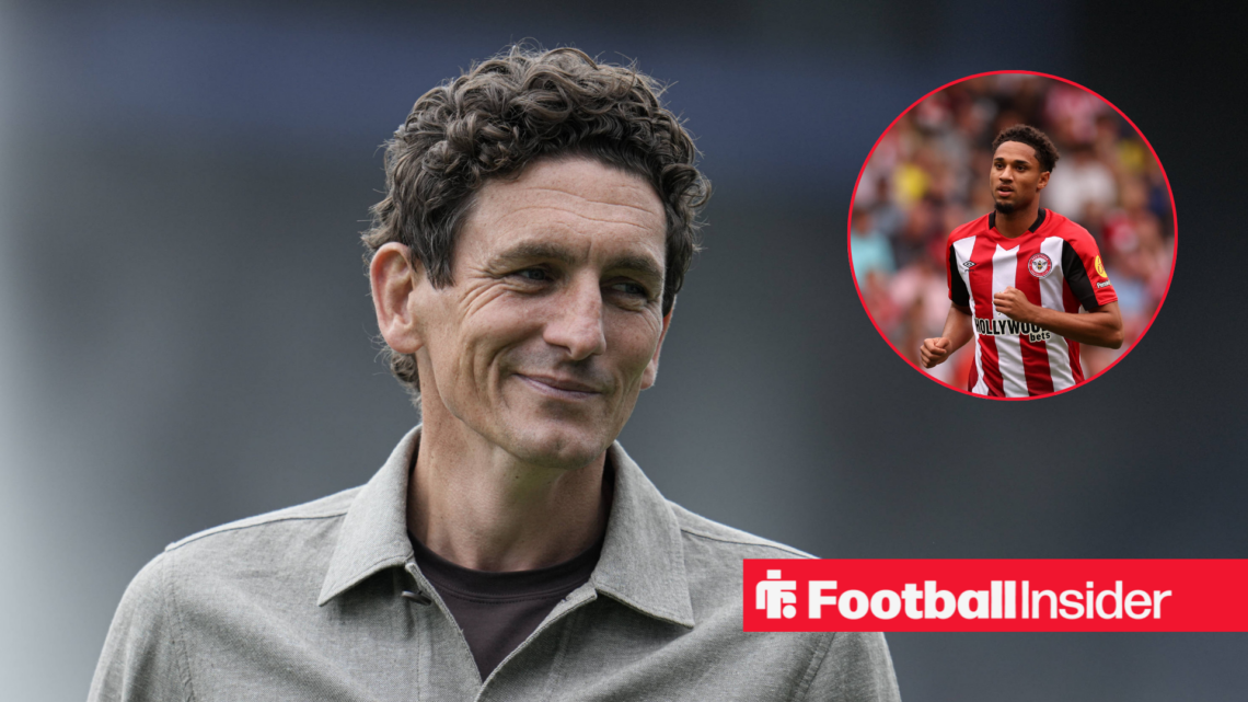 Keith Andrews in a grey jumper and Kevin Schade in a red and white Brentford kit in a red circle