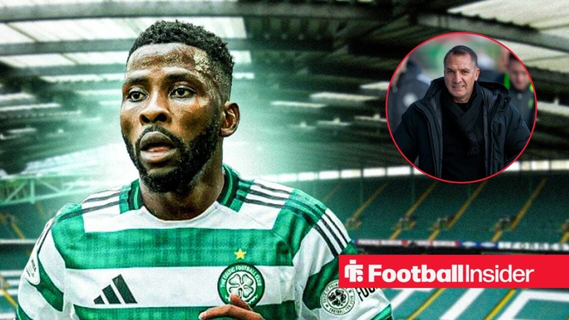 Kelechi Iheanacho in a Celtic shirt alongside an image of boss Brendan Rodgers in a circular frame
