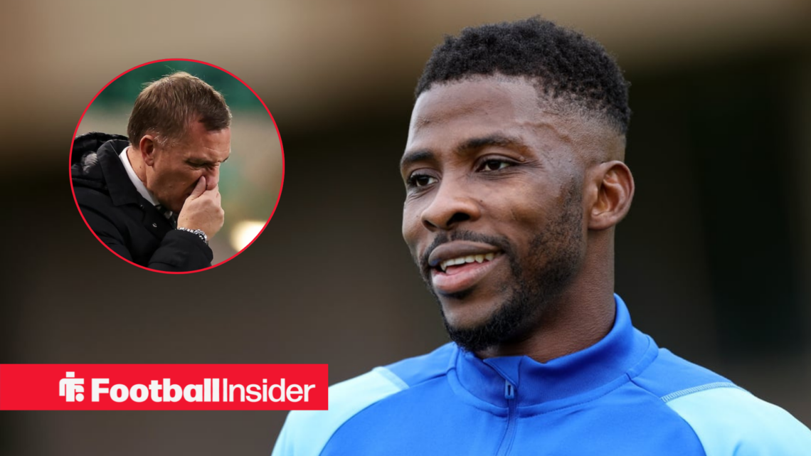 Kelechi Iheanacho smiling while warming up at Leicester, with Celtic manager Brendan Rodgers left inset looking concerned