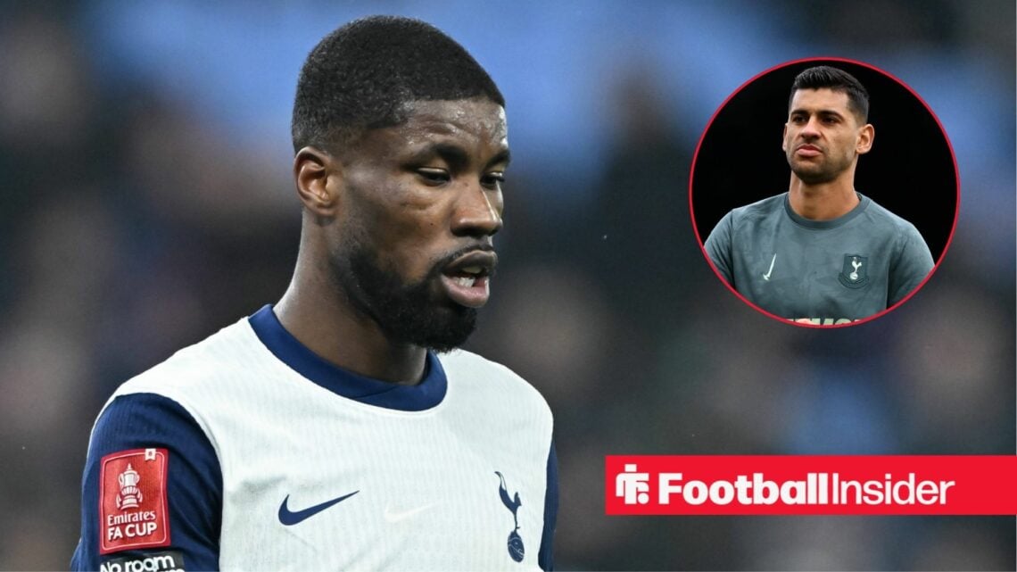 Kevin Danso in a Tottenham home shirt alongside an image of Cristian Romero in a training kit