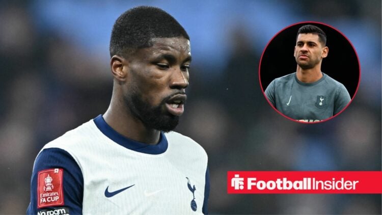 Kevin Danso in a Tottenham home shirt alongside an image of Cristian Romero in a training kit