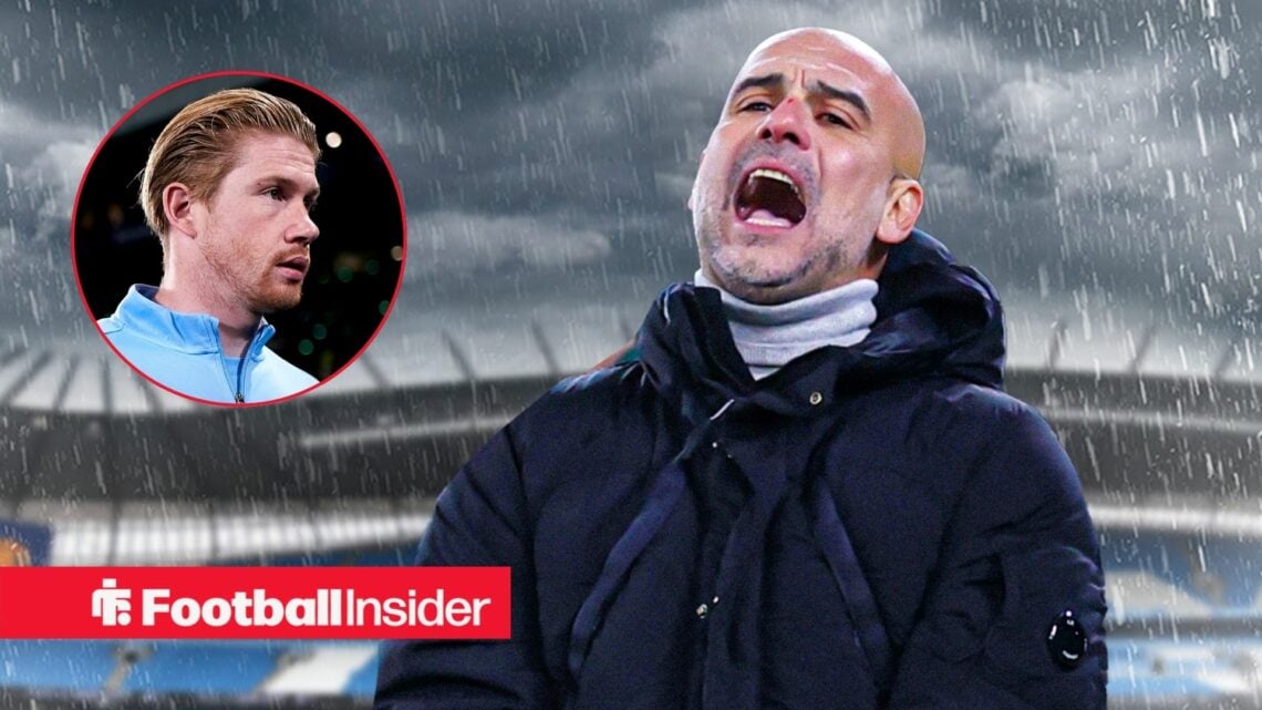 A headshot of Kevin De Bruyne alongside Pep Guardiola looking concerned