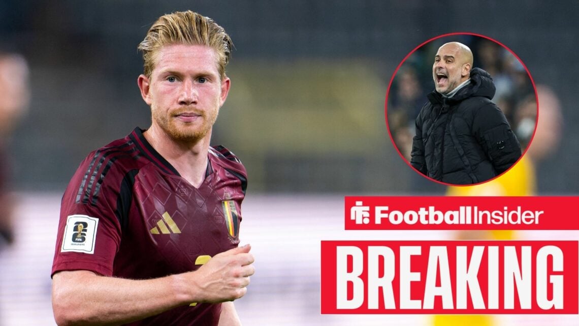 Kevin De Bruyne playing for Belgium, Pep Guardiola in a circular inset