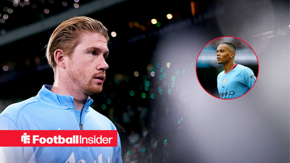 Kevin De Bruyne in a Man City shirt alongside an image of Manuel Akanji