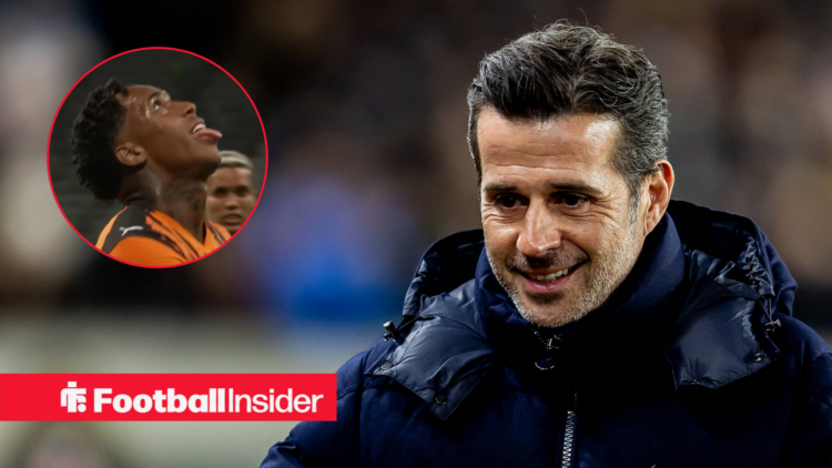 Kevin on the left with his tongue out looking at the sky and Marco Silva on the right looking concerned