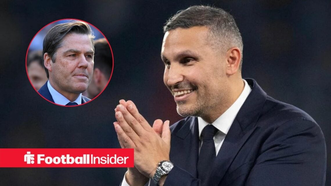 Khaldoon Al Mubarak smiling with Richard Masters included in a circular inset