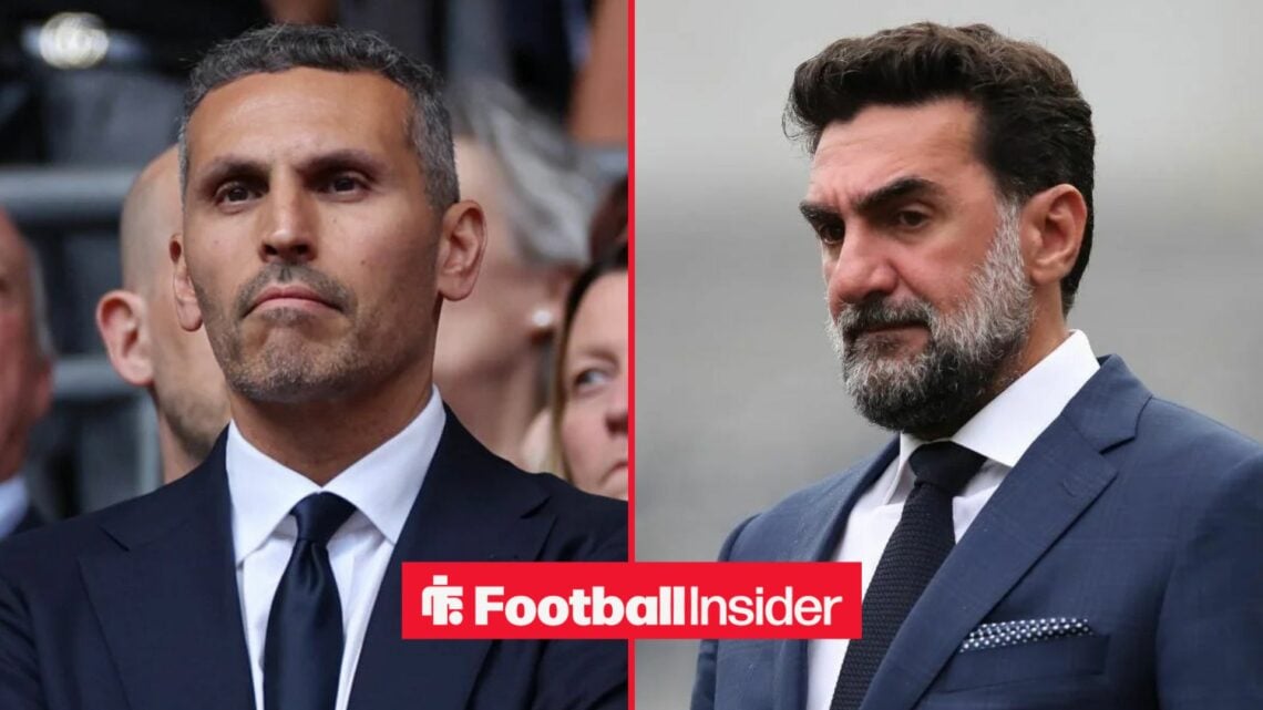 Khaldoon Al Mubarak in a black suit alongside Yasir Al-Rumayyan in a blue suit