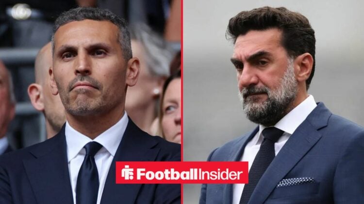 Khaldoon Al Mubarak in a black suit alongside Yasir Al-Rumayyan in a blue suit