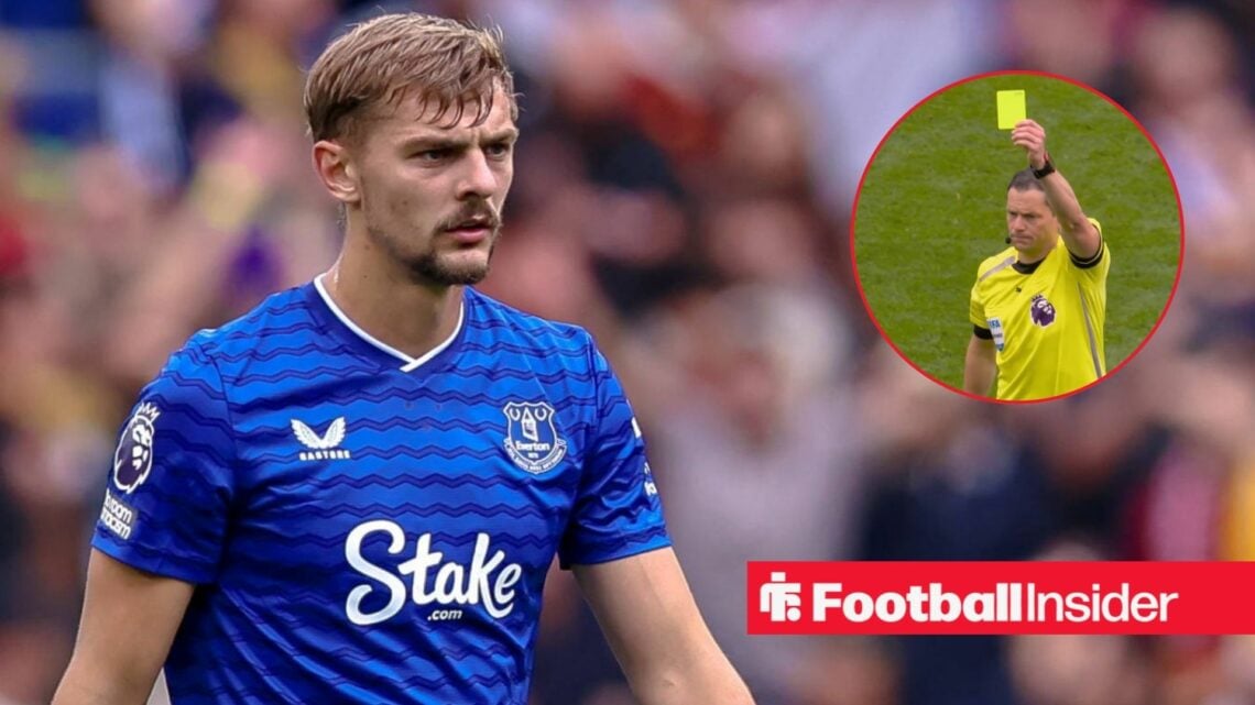 Kiernan Dewsbury-Hall in Everton home shirt with Darren Englajnd inset
