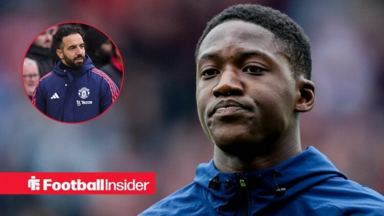 Kobbie Mainoo warming up for Manchester United with Ruben Amorim in a circular inse