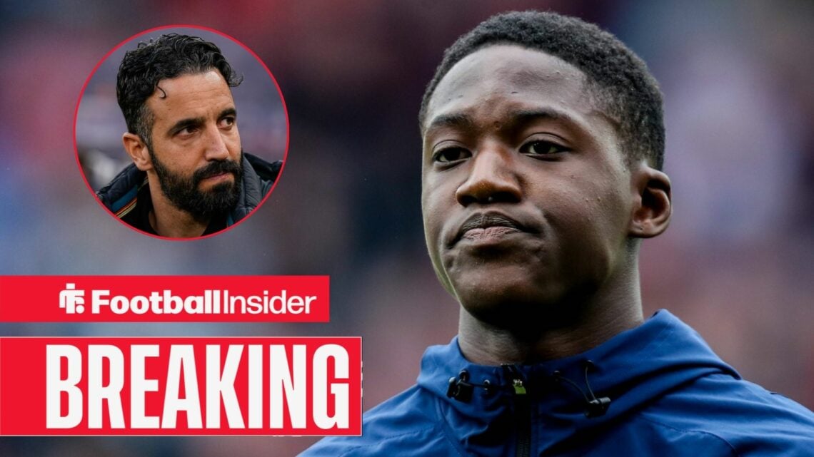 Man United's Kobbie Mainoo lining up before game and head coach Ruben Amorim looking at him left inset