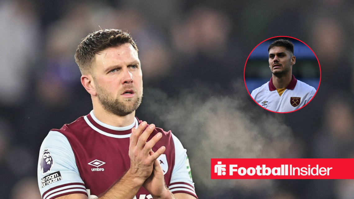Niclas Fullkrug in a West Ham home shirt next to Konstantinos Mavropanos in an awwy shirt