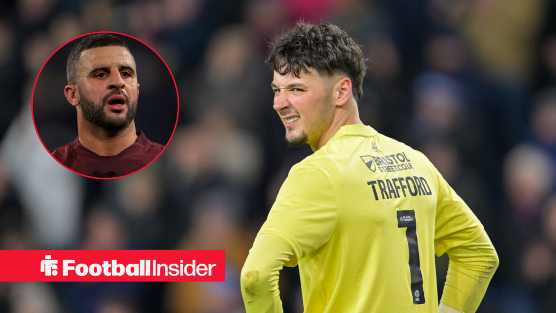 A headshot of Kyle Walker in a circular frame alongside an image of James Trafford