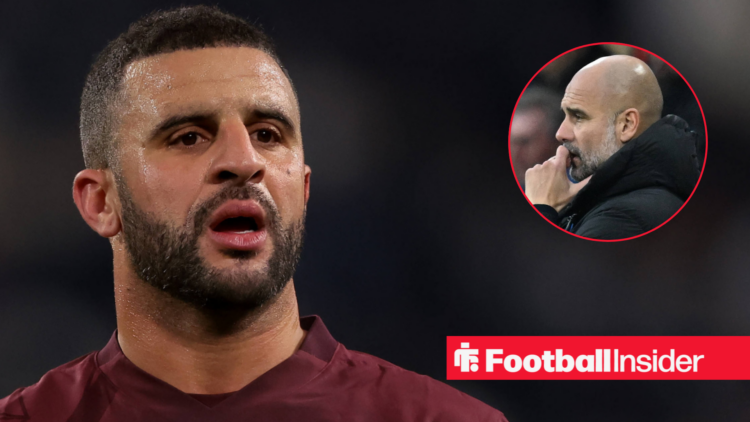 Kyle Walker in Man City shirt with Pep Guardiola inset