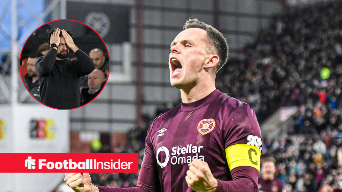 Lawrence Shankland in a purple Hearts kit and Russell Martin in a black jumper in a red circle