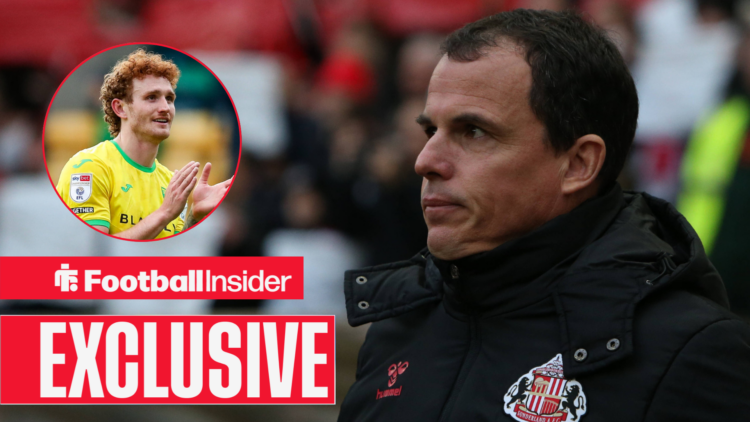 Regis Le Bris on the touchline, Josh Sargent in a circular inset.