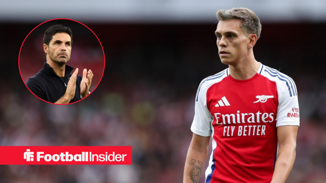Arsenal forward Leandro Trossard alongside a circular inset of Arsenal manager Mikel Arteta