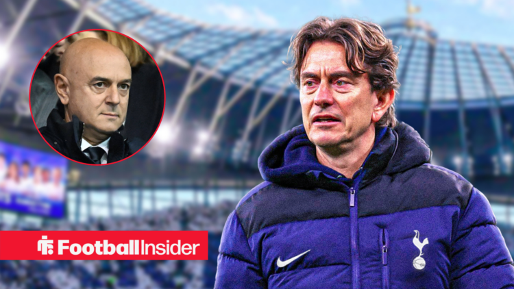 Thomas Frank in a Spurs coat, Daniel Levy in a circular inset