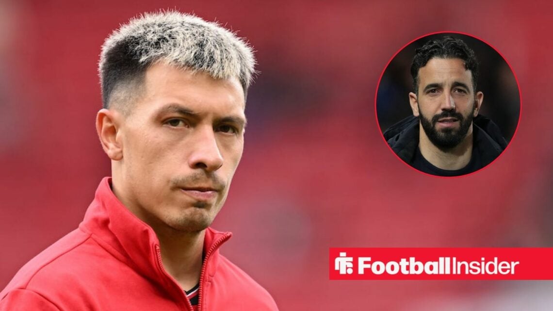 Lisandro Martinez in a Man United training gear with Ruben Amorim in a circular inset