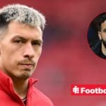 Lisandro Martinez in a Man United training gear with Ruben Amorim in a circular inset