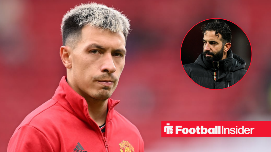 Lisandro Martinez in a Man United training top, Ruben Amorim in a circular inset