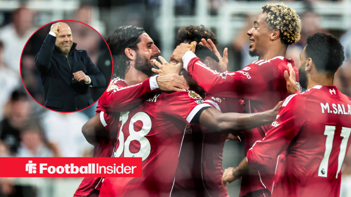 Liverpool players celebrating with Arne Slot left inset hand raised