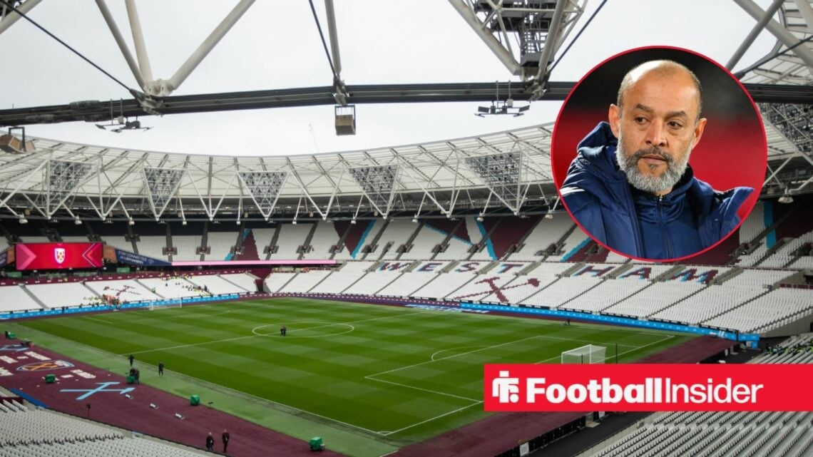 Nuno Espirito Santo in a circular frame within an image of the London Stadium