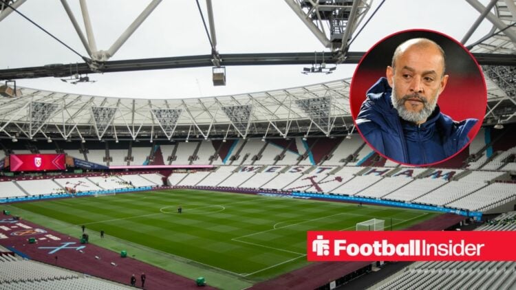 Nuno Espirito Santo in a circular frame within an image of the London Stadium
