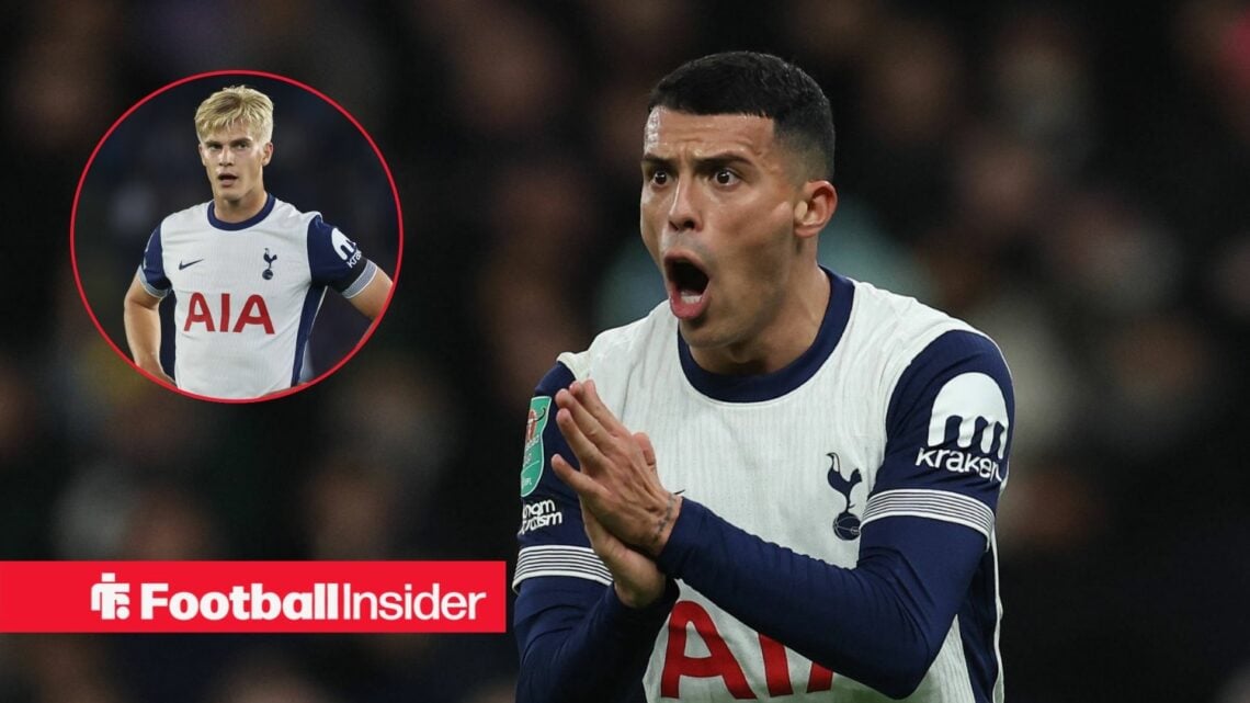 Lucas Bergvall in a circular frame alongside Pedro Porro in a Tottenham home shirt