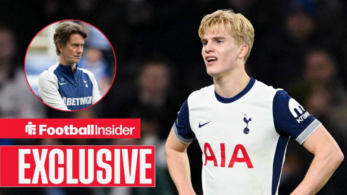 Lucas Bergvall looking sad for Tottenham, Thomas Frank in a circular inset