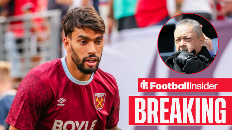 Lucas Paqueta in action for West Ham, with David Sullivan in a circular inset