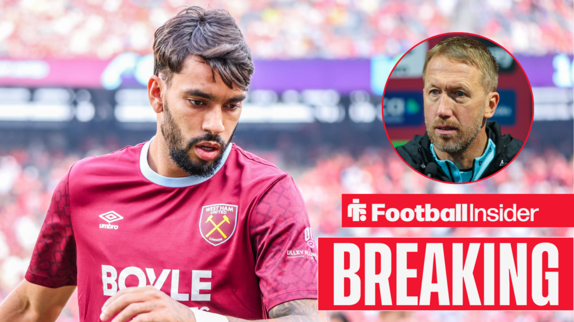 Lucas Paqueta playing for West Ham, Graham Potter in a circular inset