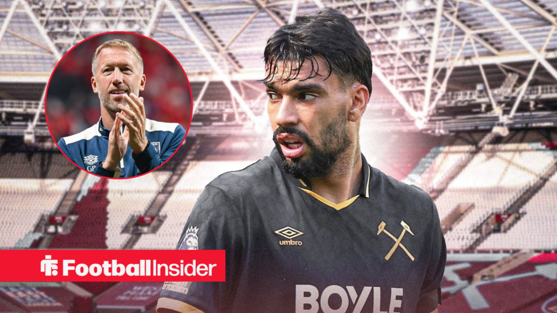 Lucas Paqueta in West Ham's away shirt with Graham Potter included in a circular inset