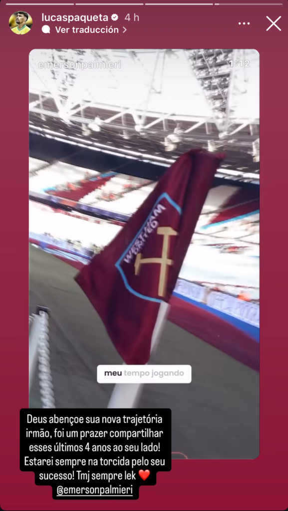 Lucas Paqueta sending a goodbye message to Emerson Palmieri with a West Ham corner flag on the screen