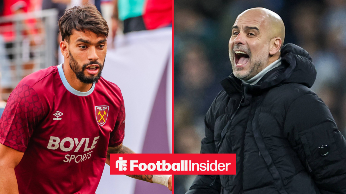 Lucas Paqueta in a West Ham shirt alongside Pep Guardiola shouting