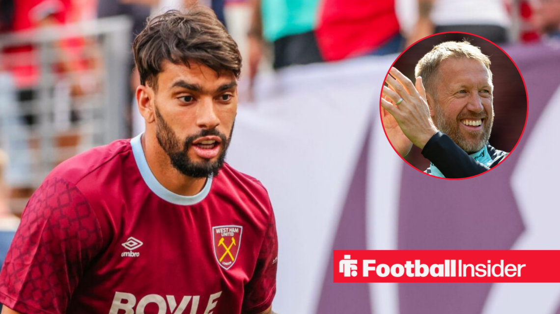 Lucas Paqueta in West Ham home shirt with Graham Potter smiling inset