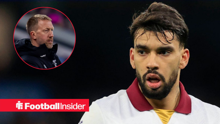 Lucas Paqueta in white West Ham shirt with Graham Potter inset