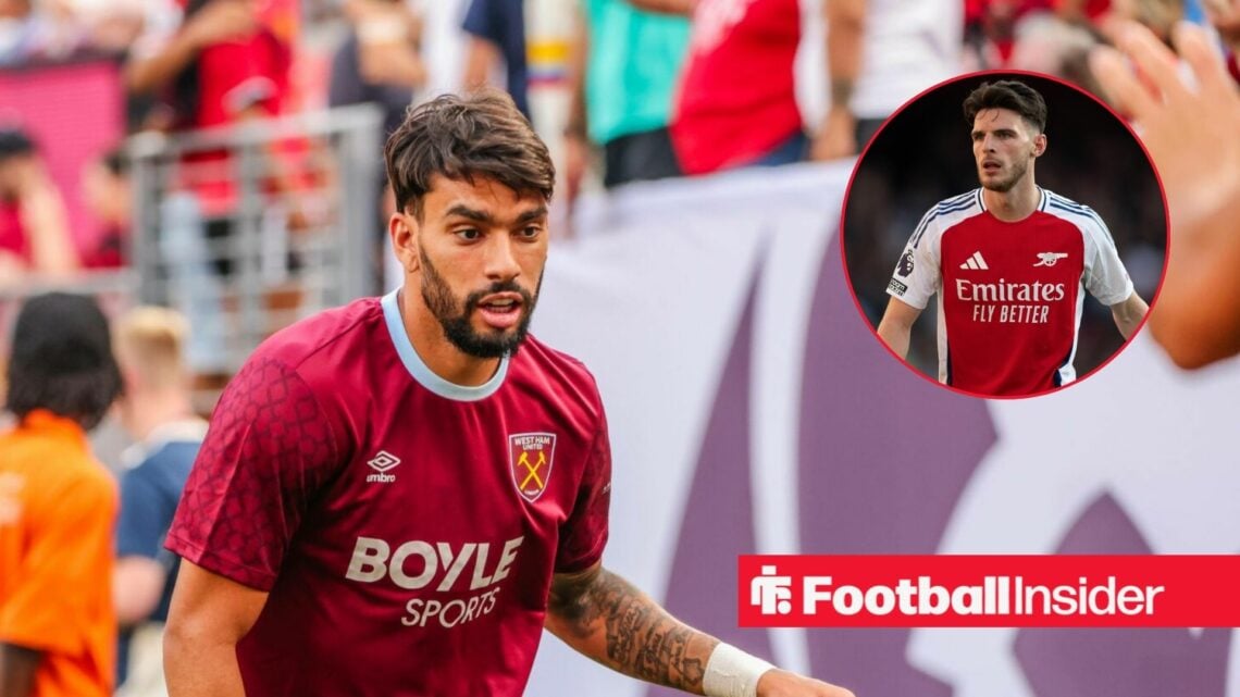 Lucas Paqueta in a West Ham training kit alongside an image of Declan Rice in an Arsenal home shirt in a circular frame