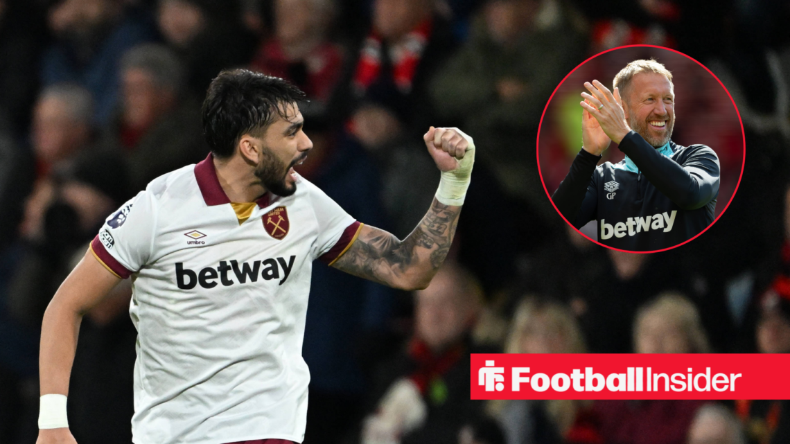 Lucas Paqueta in a white West Ham kit and Graham Potter in a grey West Ham tracksuit