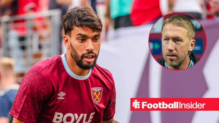Lucas Paqueta on the left in a West Ham shirt looking focused with a serious Graham Potter on the right