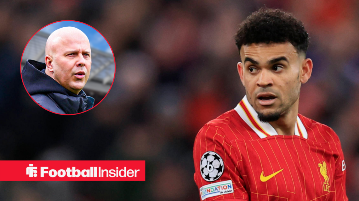 Luis Diaz playing for Liverpool, alongside a circular inset of Liverpool manager Arne Slot