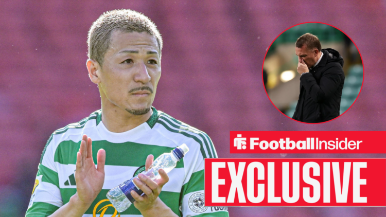 Daizen Maeda clapping, Brendan Rodgers in a circular inset