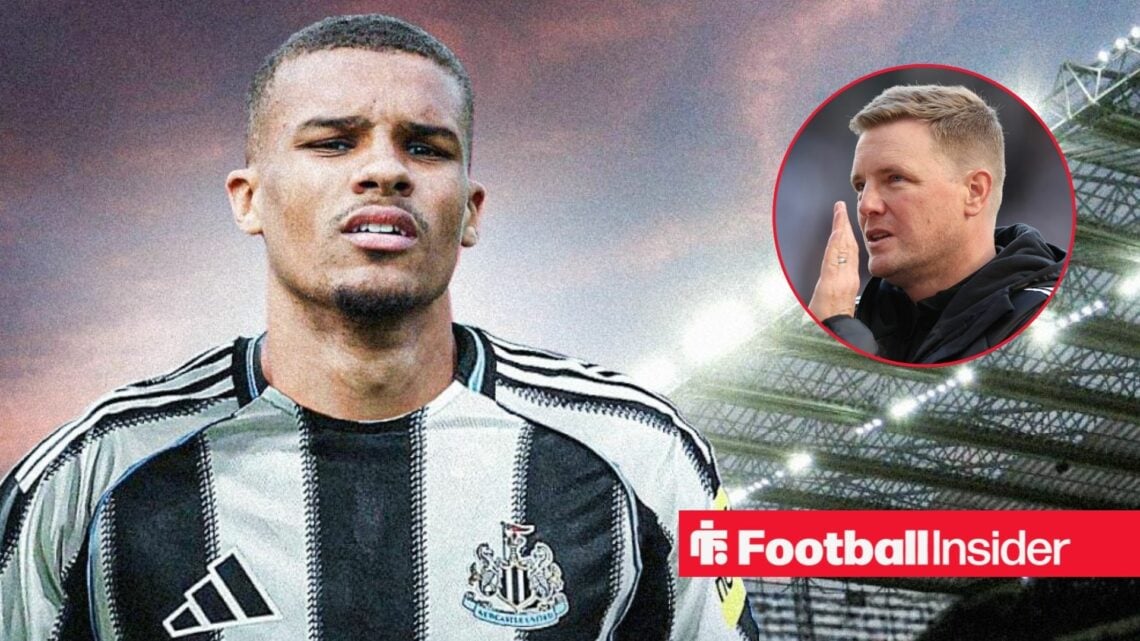 Malick Thiaw in a Newcastle United home kit at St. James' Park with Eddie Howe