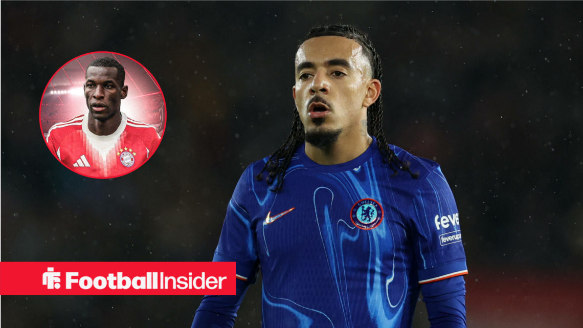An image of Bayern Munich striker Nicolas Jackson in a circular frame next to Malo Gusto in a Chelsea shirt