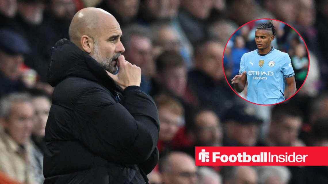 Pep Guardiola on the sidelines, Manuel Akanji in a circular inset