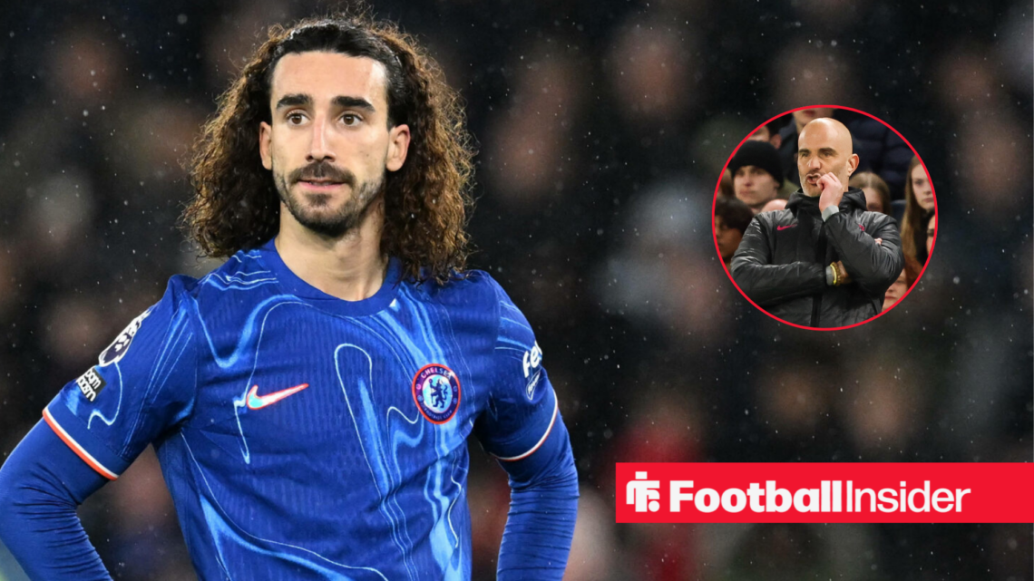 Marc Cucurella in a Chelsea home kit next to Enzo Maresca in a circular frame