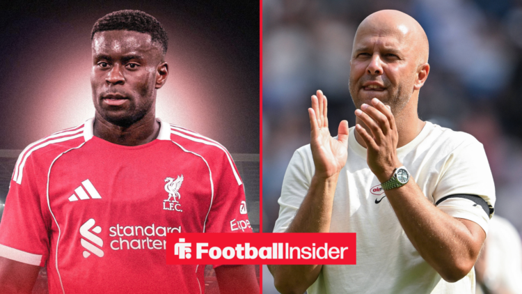 Marc Guehi in a Liverpool shirt alongside Arne Slot clapping
