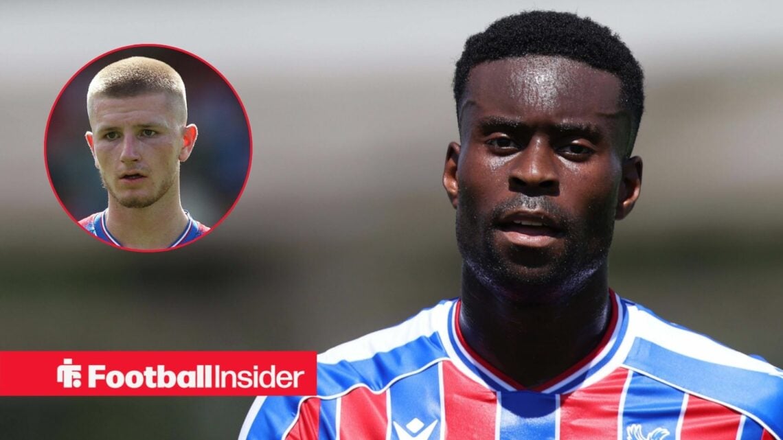 Marc Guehi in a Crystal Palace home shirt next to an image of Adam Wharton